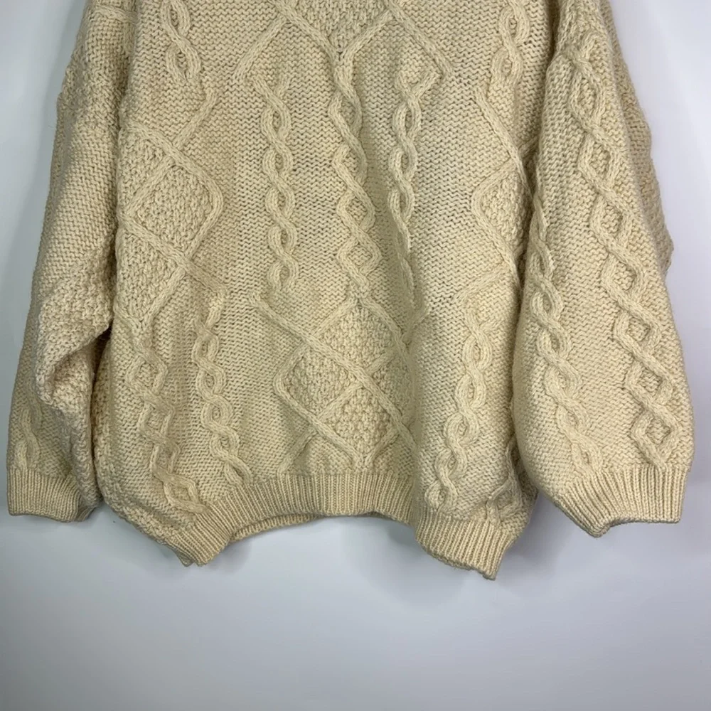 Blarney Woolen Mills Wool Ireland Clover Cable Knit Fisherman Ivory Sweater 2XL
